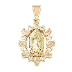 Clear Religion Brass Pave Cubic Zirconia Pendants, with Enamel, Oval with Virgin Charms, Lead Free & Cadmium Free, Long-Lasting Plated, Rack Plating, Real 18K Gold Plated, Clear, 36mm, Pendant: 29x20x4mm, Hole: 5.5x3mm
