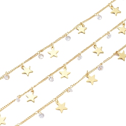 Real 18K Gold Plated Handmade Brass Curb Chains, Soldered, with Star Charm, Clear Cubic Zirconia and Spool, Long-Lasting Plated, Real 18K Gold Plated, 1.5x1mm, about 32.8 Feet(10m)/roll
