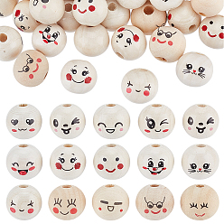(52) Непрозрачная лаванда 120шт 15 стили деревянные европейские бусины с принтом, бусины с большим отверстием, круглый с улыбающимся лицом, разноцветные, 19.5~20x18 мм, отверстие : 4.5~5 мм, 8 шт / стиль