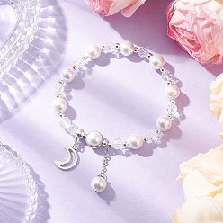 Луна Браслеты из ракушечного жемчуга и стеклянных круглых бусин, браслеты из сплава для женщин, звезда и луна, с бусинами из синтетического лунного камня и гематита, луна, внутренний диаметр: 2-1/4 дюйм (5.85 см), бусина : 3.5~8.5x2.5~8 mm, круглый : 31x8.5 мм, Луна: 17x11x1.5 мм