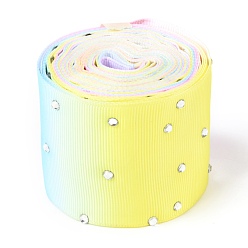 Colorful Polyester Grosgrain Ribbon, with Single Face Crystal Rhinestone, for Crafts Gift Wrapping, Party Decoration, Colorful, 2 inch(52mm), 5 yards/roll(4.57m/roll)