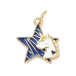 Real 14K Gold Plated Brass Pendants, with Enamel, Star with Unicorn Charms, Real 14K Gold Plated, 15.5x14x2.5mm, Hole: 3.5mm