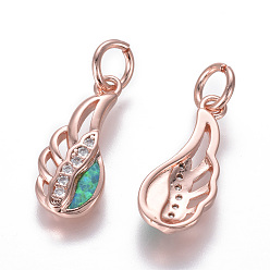 Зеленый Латуни циркония кубической подвески, с синтетическим опалом, крыло, розовое золото , зелёные, 18.5x8x2.5 мм, отверстие : 4 мм