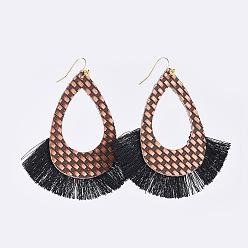 Peru (Jewelry Parties Factory Sale)PU Leather Dangle Earrings, with Nylon Tassel and Brass Earring Hooks, Teardrop, Golden, Peru, 82mm, Pin: 0.7mm