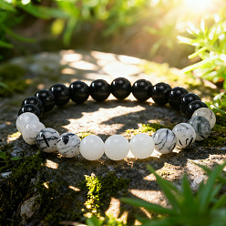 Смешанные камни Натуральный белый нефрит, синтетический немагнитный гематит и круглые стеклянные бусины, эластичные, подходят для мужчин и женщин., 6.89 дюйм (17.5 см)