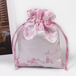 Pearl Pink Chinese Style Rectangle Satin Cloth Flower Printed Drawstring Gift Bags, Storage Bags, Pearl Pink, 12x9cm