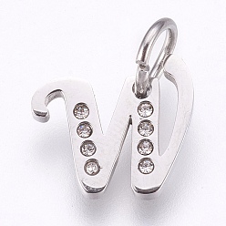 Letter W 304 Edelstahl Anhänger, mit Strass, Buchstabe, letter.w, 11x13x1.5 mm, Bohrung: 4 mm