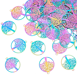 Rainbow Color 60шт ионное покрытие (ip) 201 филигранные подвески из нержавеющей стали, гравированные металлические украшения, плоские круглые с дерева жизни, Радуга цветов, 23x20x0.3 мм, отверстие : 1.2 мм