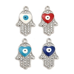 Couleur Mélangete Platine plaqué pendentifs en émail d'alliage, avec strass, plaqué longue durée, Main de Hamsa avec breloque cœur et mauvais œil, couleur mixte, 22.5x14.5x3mm, Trou: 2mm