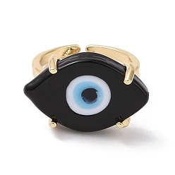 Black Lampwork Oval with Evil Eye Open Cuff Ring, Real 18K Gold Plated Brass Lucky Jewelry for Women, Lead Free & Cadmium Free, Black, US Size 6 1/4(16.7mm)