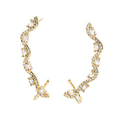 Настоящее золото 18K Изогнутые серьги-гвоздики с кубическим цирконием, латунные серьги с каффами для женщин, без кадмия и без свинца, реальный 18 k позолоченный, 45x6 мм, штифты : 0.6 мм