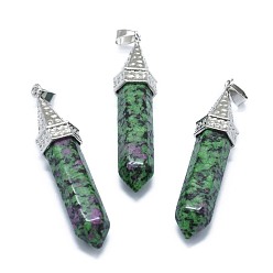 Ruby in Zoisite Natural & Dyed Ruby in Zoisite Pointed Pendants, with Alloy Findings, Bullet, Dyed, Platinum, 61x14.5x12.5mm, Hole: 3.5x
7.5mm
