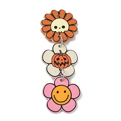 Flower Halloween Printed Acrylic Big Pendants, with Iron Ring, Platinum, Flower Charms, 62x21.5x2mm, Hole: 1.5mm