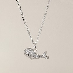 Whale Ожерелья с подвесками Ocean Summer из латуни с прозрачными кубическими цирконами и паве, платина, кит, 17.72 дюйм (45 см), Кулон : 18x10 мм