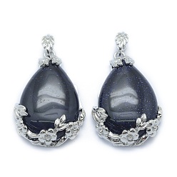 Синий Драгоценный Камень Синтетический синий авантюрин подвески, со сплавочной фурнитурой, слеза, платина, 40.5x28.5x10 мм, отверстие : 4.5x8 мм