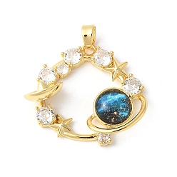 Настоящее золото 18K Небесные подвески из латуни с микропаве из прозрачного кубического циркония, со стеклом, без кадмия и без свинца, звездное небо планета, реальный 18 k позолоченный, 24x28x9.5 мм, отверстие : 3x4.5 мм