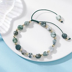 Зеленый Браслеты из натурального древесного агата и плетеных бусин из нержавеющей стали., Регулируемые браслеты из плетеной нейлоновой нити для женщин и мужчин, самородки, зелёные, внутренний диаметр: 304 дюйм (1.89~3.05 см)