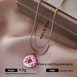 Pink 304 Collares con colgante de donut de acero inoxidable esmaltado para mujer, dorado, rosa, 15.75 pulgada (40 cm)