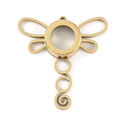 Настоящее золото 18K Ионное покрытие (IP) 304 медальон из нержавеющей стали, большие подвески, со стеклом, очарование стрекозы, реальный 18 k позолоченный, 50x47.5x10.5 мм, отверстие : 2.2 мм