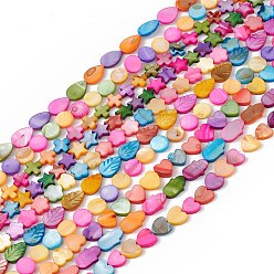 Mixed Shapes 10 Strands Colorful Natural Freshwater Shell Dyed Beads Strands, Leaf & Teardrop & Heart, Mixed Shapes, 10~15x10x2.5~3mm, Hole: 0.8mm, about 26~40pcs/strand, 14.96~15.35''(38~39cm)