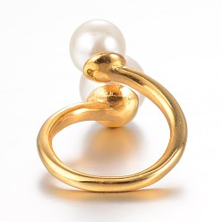 Golden Ion Plating(IP) 304 Stainless Steel Finger Rings, with Imitation Pearl, Size 7, Golden, 17mm