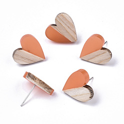 Легкий Лосось Серьги-гвоздики из прозрачной смолы и дерева, с 304 штифта из нержавеющей стали, сердце, светлый померанцевый, 15x14~15 мм, штифты : 0.7 мм
