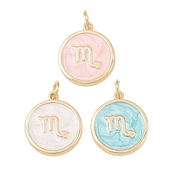 Scorpio Brass Enamel Pendants, Flat Round & Constellation Charms, Rack Plating, Long-Lasting Plated, Cadmium Free & Lead Free, Golden, Scorpio Charms, 17.5x15x2mm, Hole: 3mm