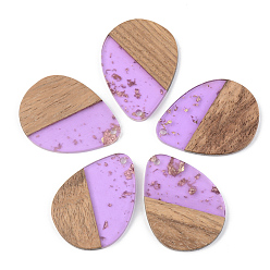 Лиловый Подвески из прозрачной смолы и ореха, золотой фольгой, слеза, сирень, 35.5x26x3 мм, отверстие : 2 мм