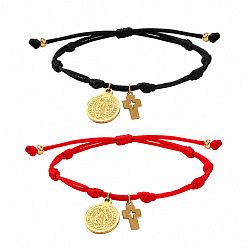Mixed Color 304 Stainless Steel Round Tag Religon Cross Charm Nylon Wax Cord Bracelet Bracelet Sets, Adjustable Stackable Bracelets, Golden, Mixed Color, 11.02 inch(28cm), 2pcs/set