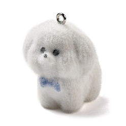 Собака Кулоны из флокированной смолы, с железной платиной петлей, бишон фризе с бантом, 32x26x29 мм, отверстие : 2 мм