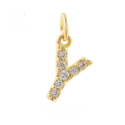 Letter Y Подвески из латуни с фианитами и переходными кольцами, реальный 18 k позолоченный, Письмо Y, 16x8.5x2.2 мм, отверстие : 2.8 мм
