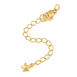Golden Brass Curb Chain Extender, End Chains with Lobster Claw Clasps and Star Charms, Rack Plating, Lead Free & Cadmium Free, Long-Lasting Plated, Golden, 70mm, Star: 7x5.5x1.5mm