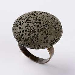 Dark Olive Green Adjustable Flat Round Lava Rock Rings, with Platinum Plated Brass Findings, Dark Olive Green, 19mm