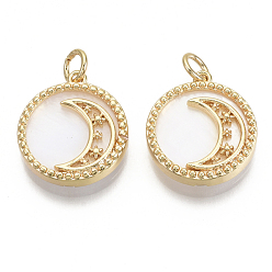 Real 18K Gold Plated Brass Pendants, with Natural Freshwater Shell and Jump Rings, Flat Round with Moon, Nickel Free, Real 18K Gold Plated, 18x16x3.5mm, Hole: 3mm
