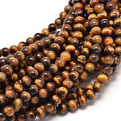 Tiger Eye Natural Tiger Eye Round Bead Strands, 4mm, Hole: 0.8~1mm, about 91pcs/strand, 15 inch