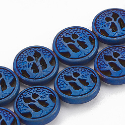 Blue Plated Electroplate Non-magnetic Synthetic Hematite Beads Strands, Matte Style, Flat Round, Blue Plated, 12~12.5x4~4.5mm, Hole: 1mm, about 32pcs/strand, 16.14 inch