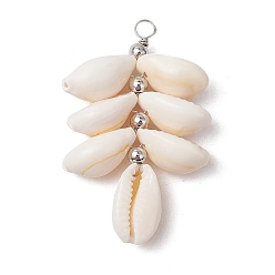 Платина Подвески-кластеры из натуральных ракушек каури, меняющие цвет, с латунными бусинами и петлями из медной проволоки, платина, 45.5~46.5x28.5~29.5x9.5~10.5 мм, отверстие : 3~3.5 мм