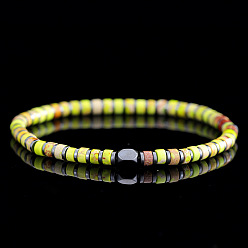 Желтый Мужские эластичные браслеты из окрашенной натуральной императорской яшмы и синтетических немагнитных гематитовых бусин., плоско-круглые, желтые, регулируемый