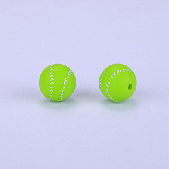 Lawn Green Printed Round with Baseball Pattern Silicone Focal Beads, Lawn Green, 15x15mm, Hole: 2mm