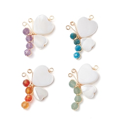 Разноцветный Бусины из натуральных драгоценных камней с бусинами из натуральных пресноводных ракушек и подвесками из экологически чистой медной проволоки, бабочка, красочный, 28~29x18~19x4 мм, отверстие : 1.6 мм