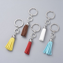 Mixed Color Suede Tassels Key Chains, with Alloy Links and Iron Split Key Rings, Antique Silver & Platinum, Mixed Color, 115mm