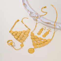 Золотой Винтажные латунные круглые варежки в этническом стиле, комплекты браслетов, серег и ожерелий для женщин, золотые, ожерелья: 18.70 дюйм (47.5 см)