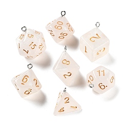Floral White 7Pcs 7 Styles Transparent Resin Polyhedral Dice Pendants Set, Multi-Sided Dice Charms with Platinum Plated Iron Loops, Mixed Shapes, Floral White, 20~28x19~24x17~24mm, Hole: 2mm, 1pc/style