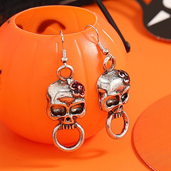 Античное Серебро Серьги-подвески в виде черепа из сплава, античное серебро, 60x17 мм