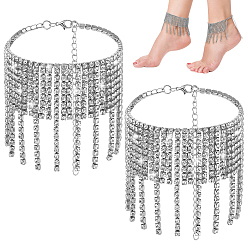 Серебро 2шт. богемные латунные браслеты на лодыжку с кисточками, полностью украшенные кристаллами и стразами, для женщин, серебряные, 9-7/8 дюйм (250 мм)