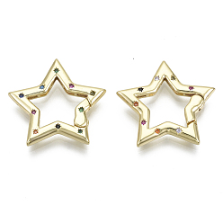 Real 16K Gold Plated Brass Micro Pave Cubic Zirconia Spring Gate Rings, Star, Nickel Free, Colorful, Real 16K Gold Plated, 24x26x3mm, Inner Diameter: 14x12mm