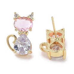 Настоящее золото 18K Женские серьги-гвоздики из латуни с микропаве в форме кошки в форме кубического циркония, со стеклом, долговечный, без кадмия и без свинца, реальный 18 k позолоченный, 18x11 мм