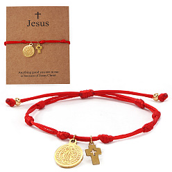 Красный Регулируемые 304 из нержавеющей стали браслеты шарма, Браслеты из нейлоновой нити плетеные для женщин и мужчин, плоский круг со святым бенедиктом и крестом, золотые, с бумажной карточкой, красные, 11.02 дюйм (28 см)