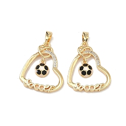 Настоящее золото 18K Латунные микропаве прозрачные подвески с фианитом, с эмалью, сердце с футбольными атрибутами, спортивная тема, реальный 18 k позолоченный, 23.5x18.5x3 мм, отверстие : 5x3 мм