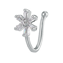 Цветок Латунные микропаве прозрачные кубические цирконии клипсы для носовой перегородки, украшения для пирсинга носа для женщин и мужчин, платина, цветок, 12 мм, Цветок: 7x7 мм